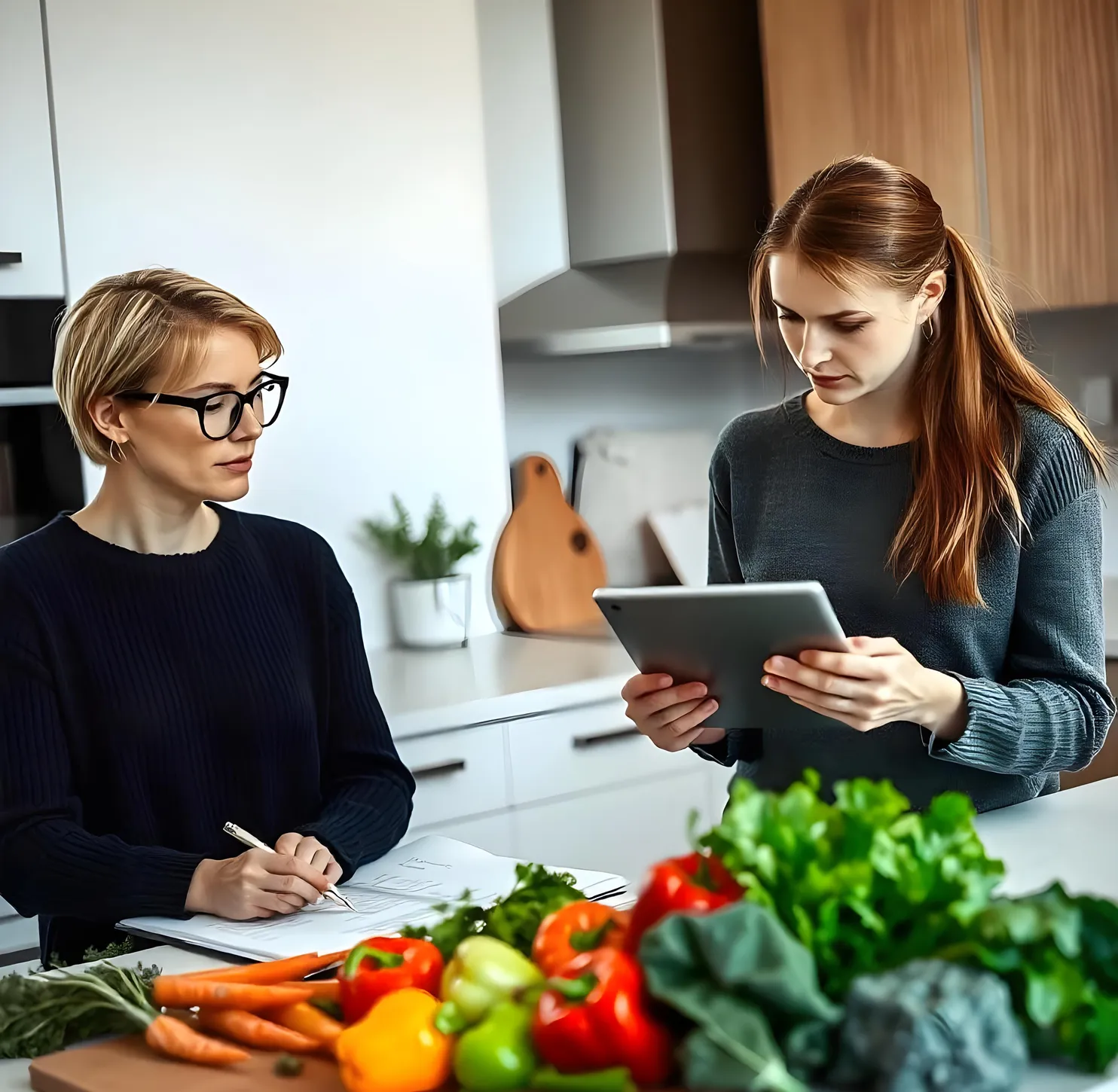 Zwei Frauen die
      zusammen einen Ernährungsplan erstellen